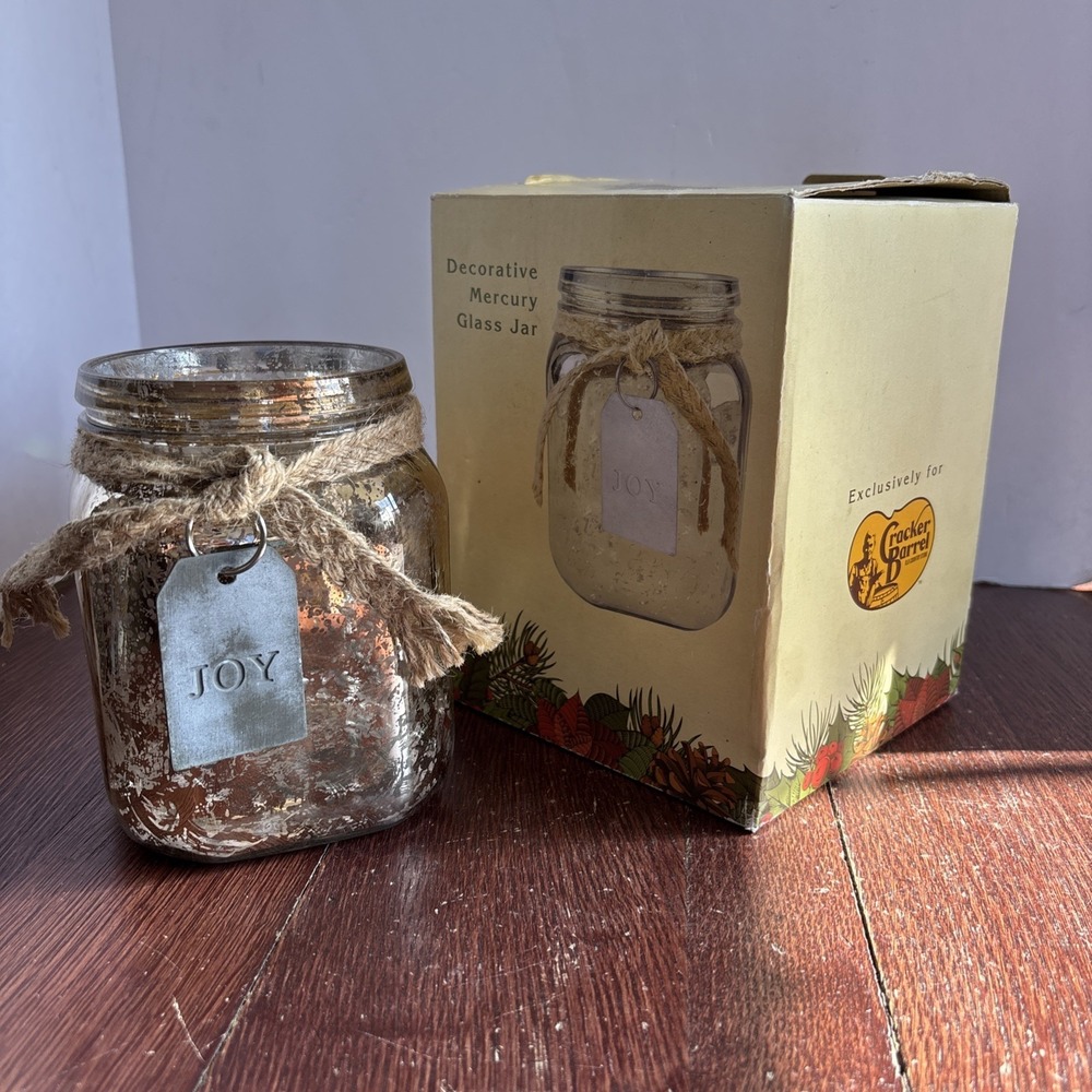 Cracker Barrel Christmas Holiday Gold Decorative Mercury‎ Glass Jar Joy